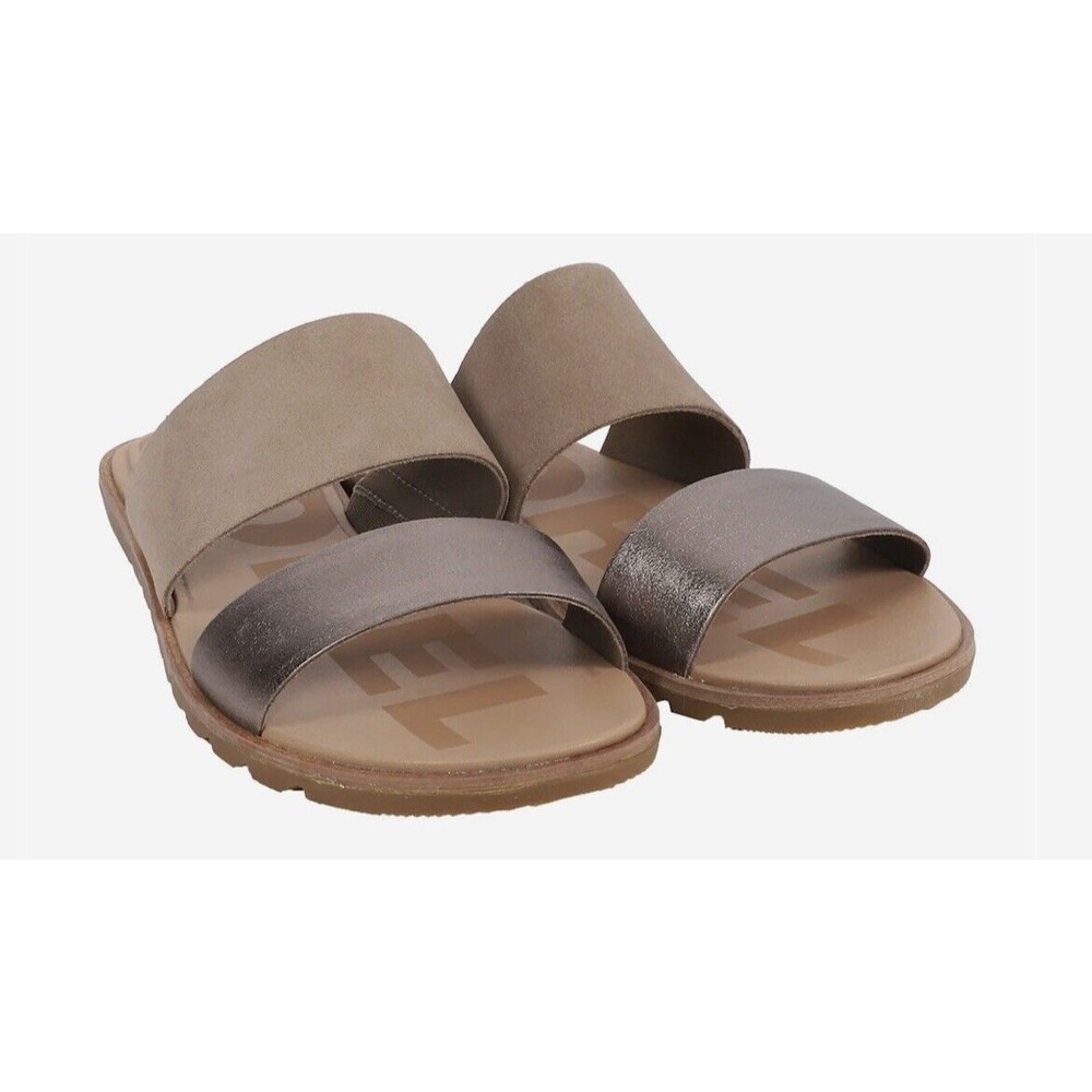 Sorel Two-Strap Slide Sandals in Taupe and Metallic Pewter